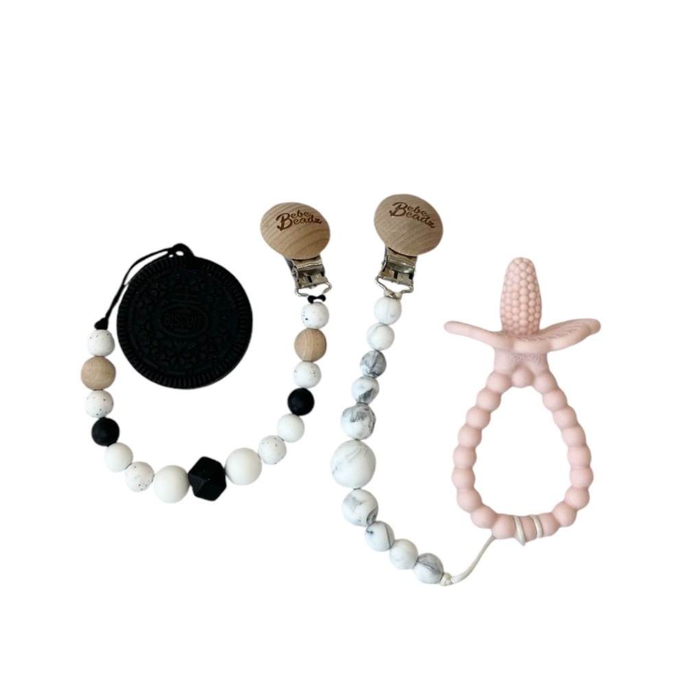 Bebe Beadz Silicone Pacifier Teether Clips / RazBaby RaZberry Teether / Biscuit